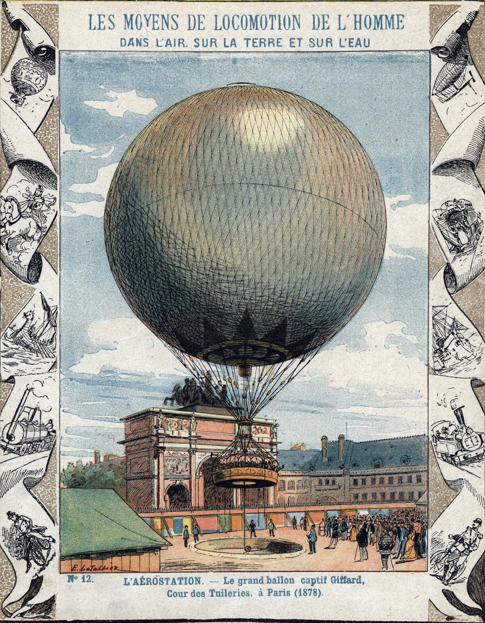 Operación de inflado y equipamiento del globo cautivo de Henry Giffard en las Tullerías en París 1878 - De una funda protectora para libros escolares, finales del siglo XIX - ilustración de E Letellier - exposición universal de 1878 en París: inflado de de E. Letellier