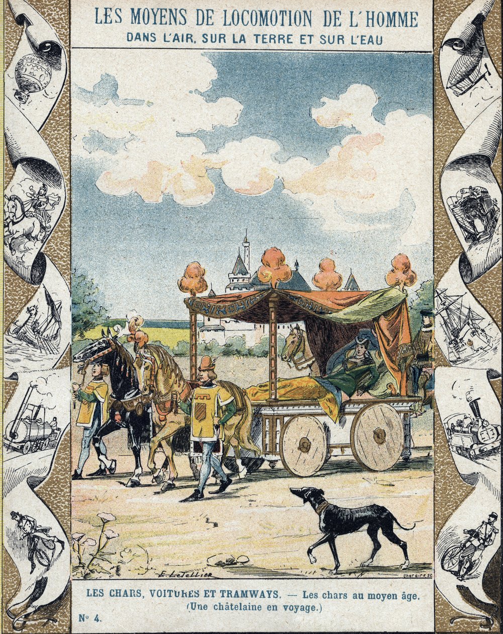 Tanques en la Edad Media - Una Chatelaine en viaje - ilustración por E Letellier - Cuaderno histórico protegido, finales del siglo XIX de E. Letellier
