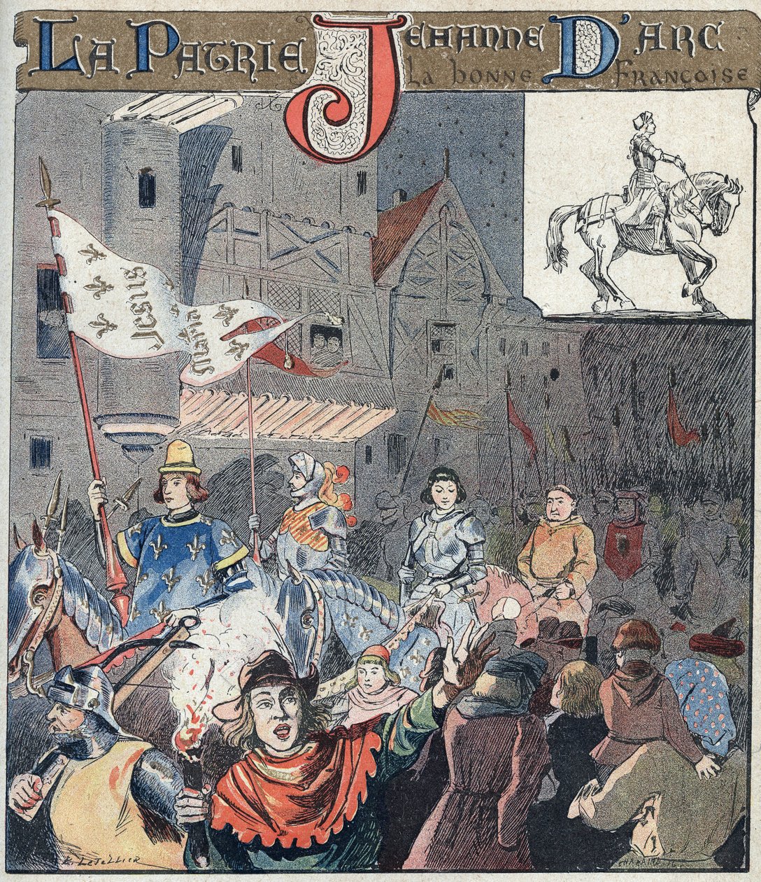 La Entrada de Juana de Arco en Orleans el 8 de mayo de 1429 - De una funda protectora para libros escolares, finales del siglo XIX - Guerra de los Cien Años: Entrada de Juana de Arco (1412-1431) en Orleans el 8 de mayo de 1429 - ilustración de E Letellier  de E. Letellier