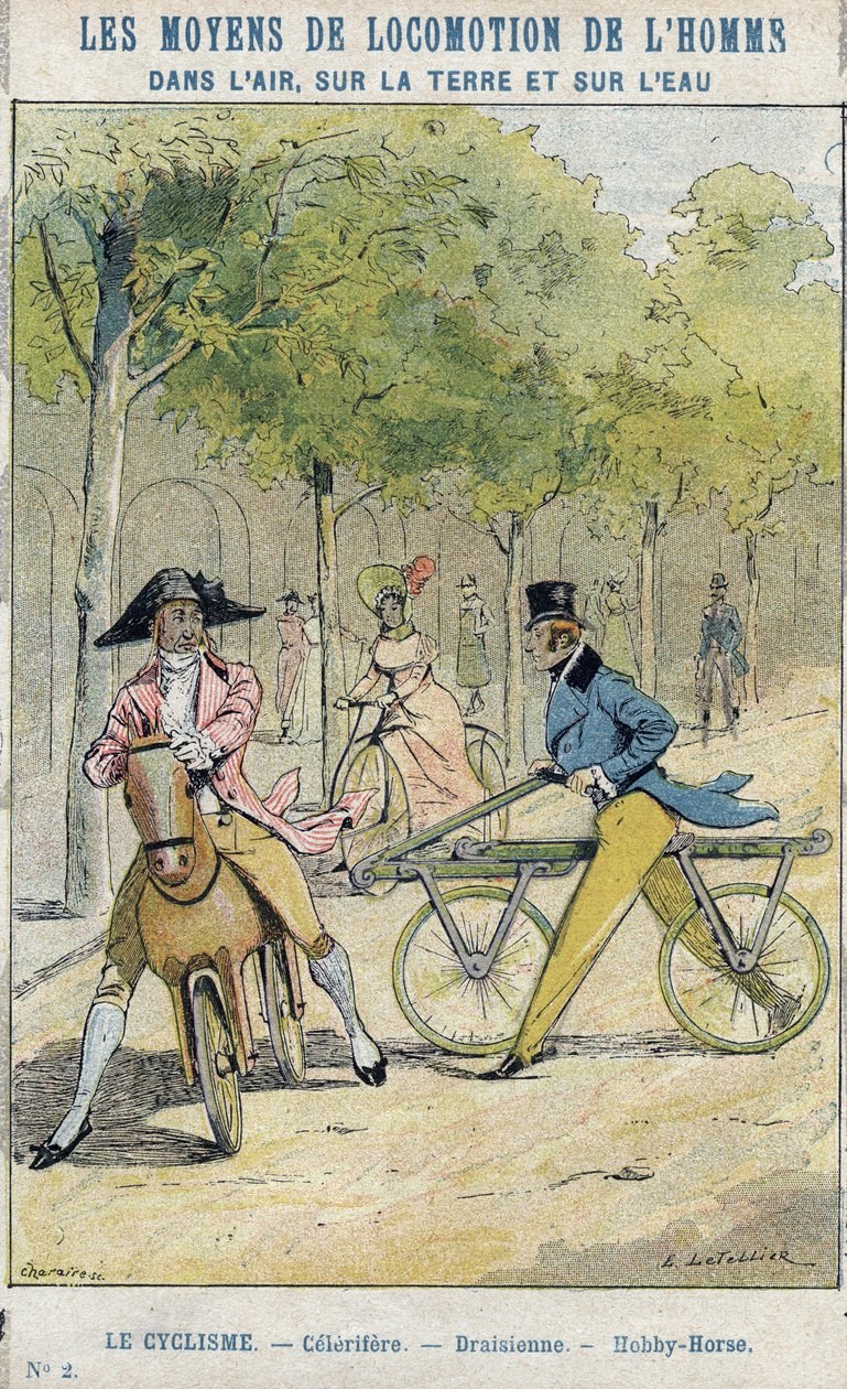Velocípedos - Celerífero inglés - Draisiana, antecesor de la bicicleta - De una funda protectora para libros escolares, finales del siglo XIX - ilustración de E Letellier - Celerífero - Draisiana - Caballo de madera (Nobby Horse) - Proteger cuaderno histór de E. Letellier