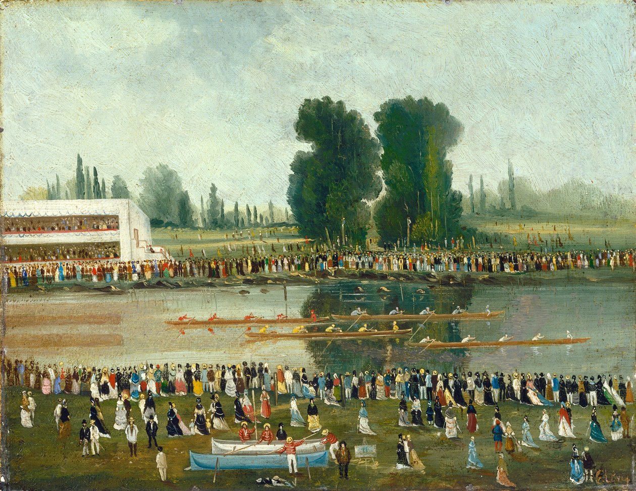 Escena de Remo: Multitudes Observando desde las Orillas del Río de E. Levy