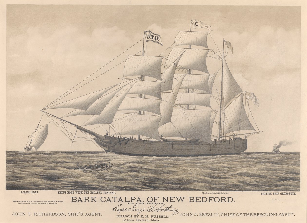 Barco Catalpa de New Bedford, lancha de la policía, barco y barco británico Georgette de E. N. Russell