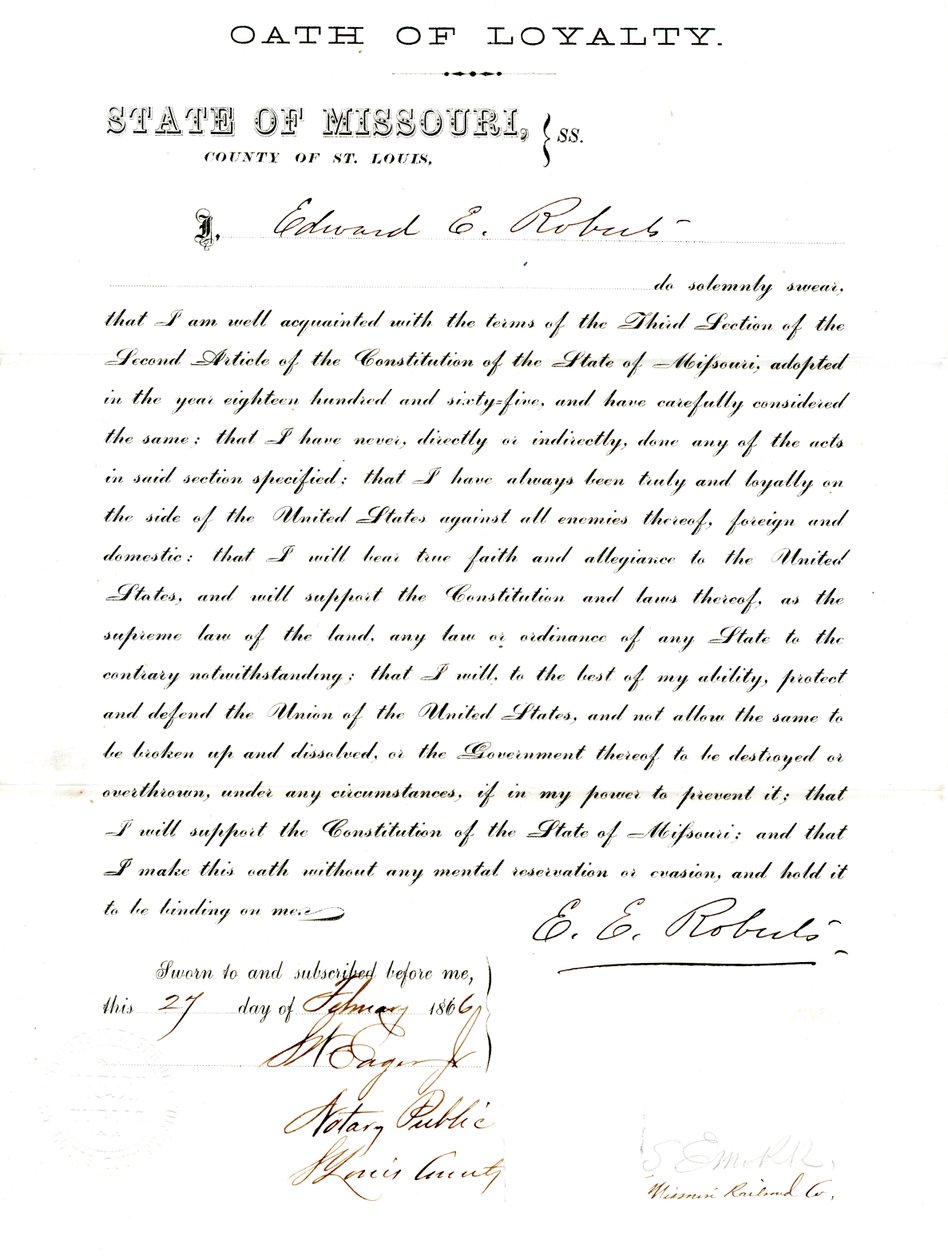 Juramento de lealtad de Edward E. Roberts de Missouri, Condado de St. Louis de E. Roberts