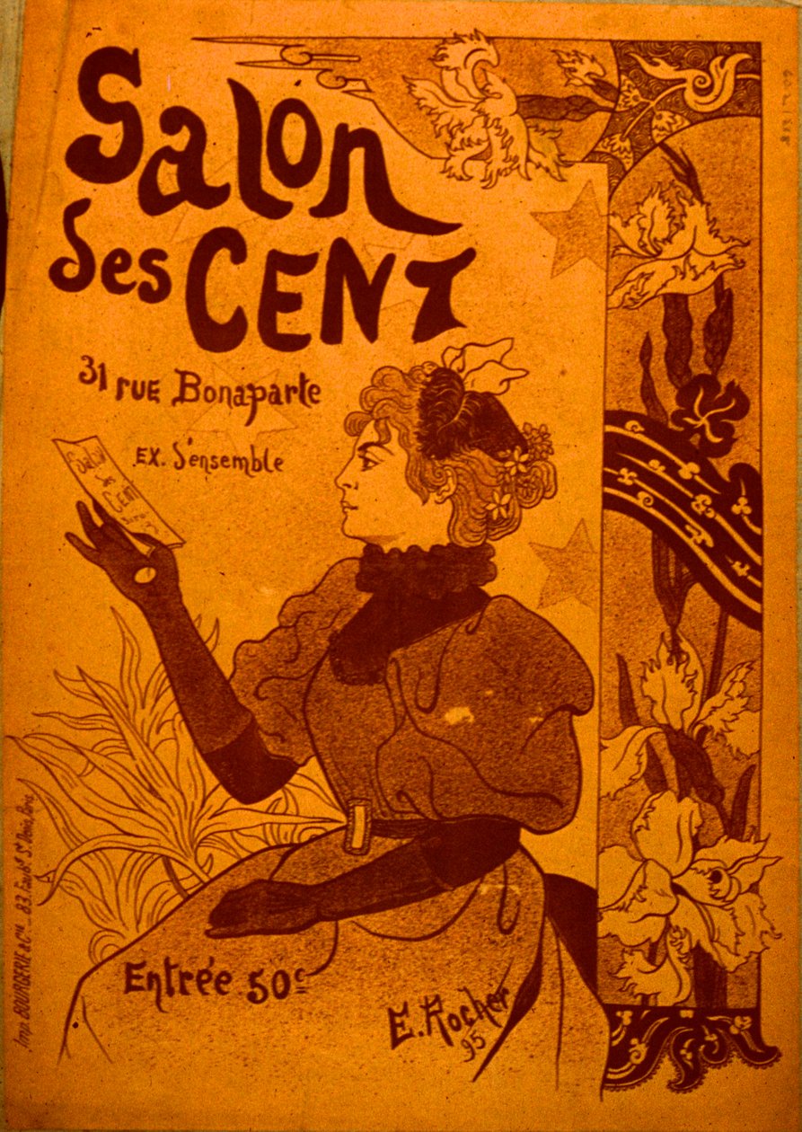 Una mujer examinando una invitación, Salon des Cent de E. Rocher