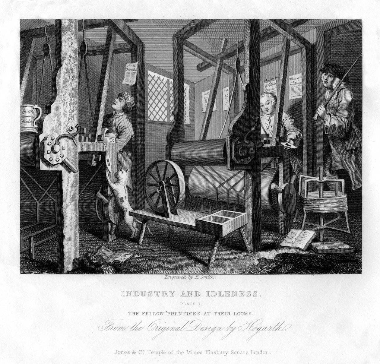 Los compañeros aprendices en sus telares, placa I de Industria y Ociosidad, 1833 de E. Smith