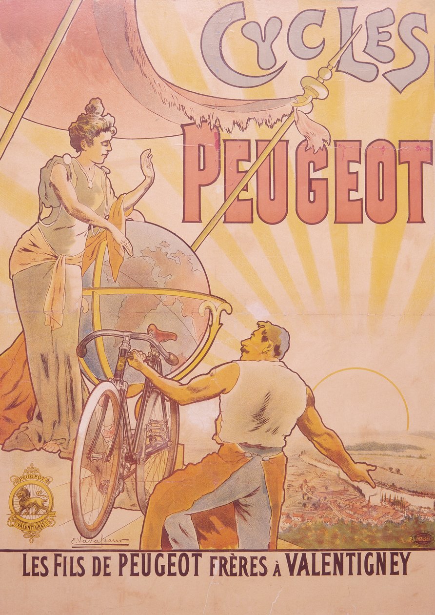Póster publicitario de bicicletas Peugeot, finales del siglo XIX-principios del siglo XX de E Vavasseur