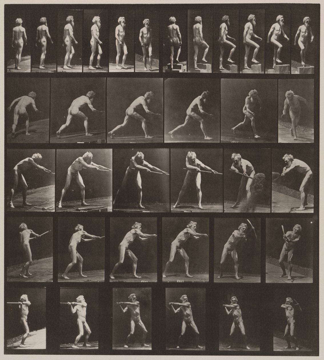 Placa número 521. A, caminando; B, subiendo escalón; C, lanzando disco; D, usando pala; E, usando pico; F, usando pico, 1887 de Eadweard Muybridge