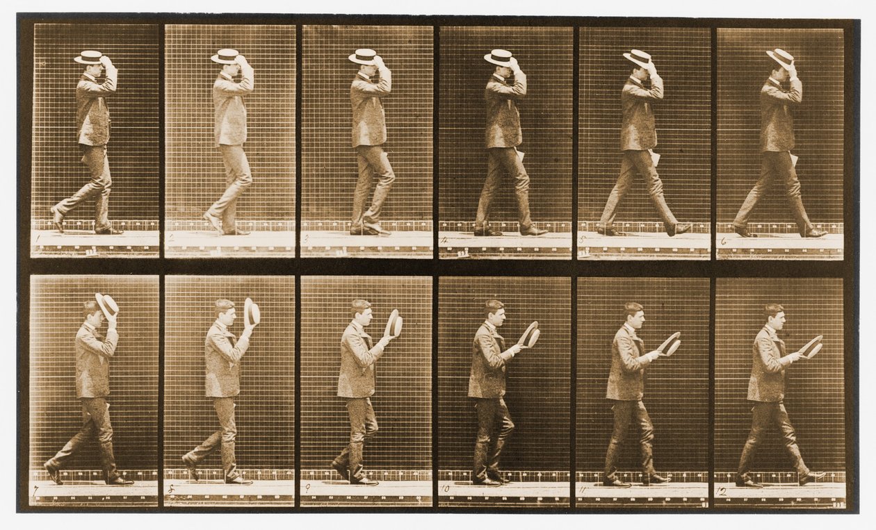 Secuencia de imágenes de un hombre con sombrero caminando, serie 