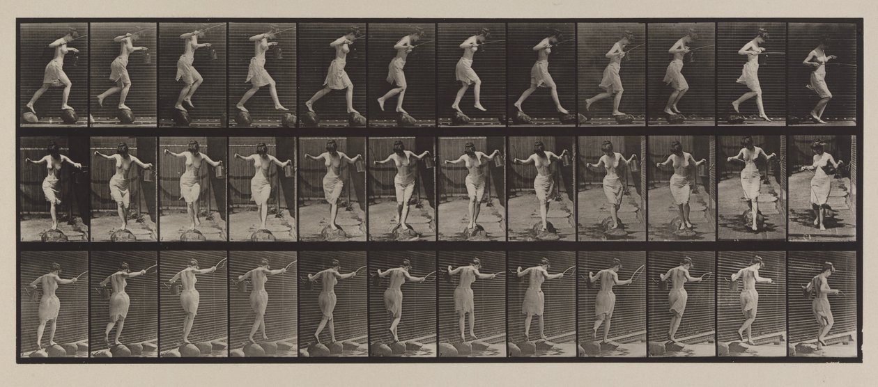 Placa Número 175. Cruzando el arroyo sobre piedras con caña de pescar y lata, 1887 de Eadweard Muybridge