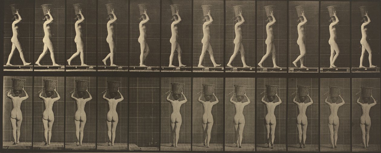 Plato número 34. Caminando y llevando una cesta de 15 libras en la cabeza, manos levantadas de Eadweard Muybridge