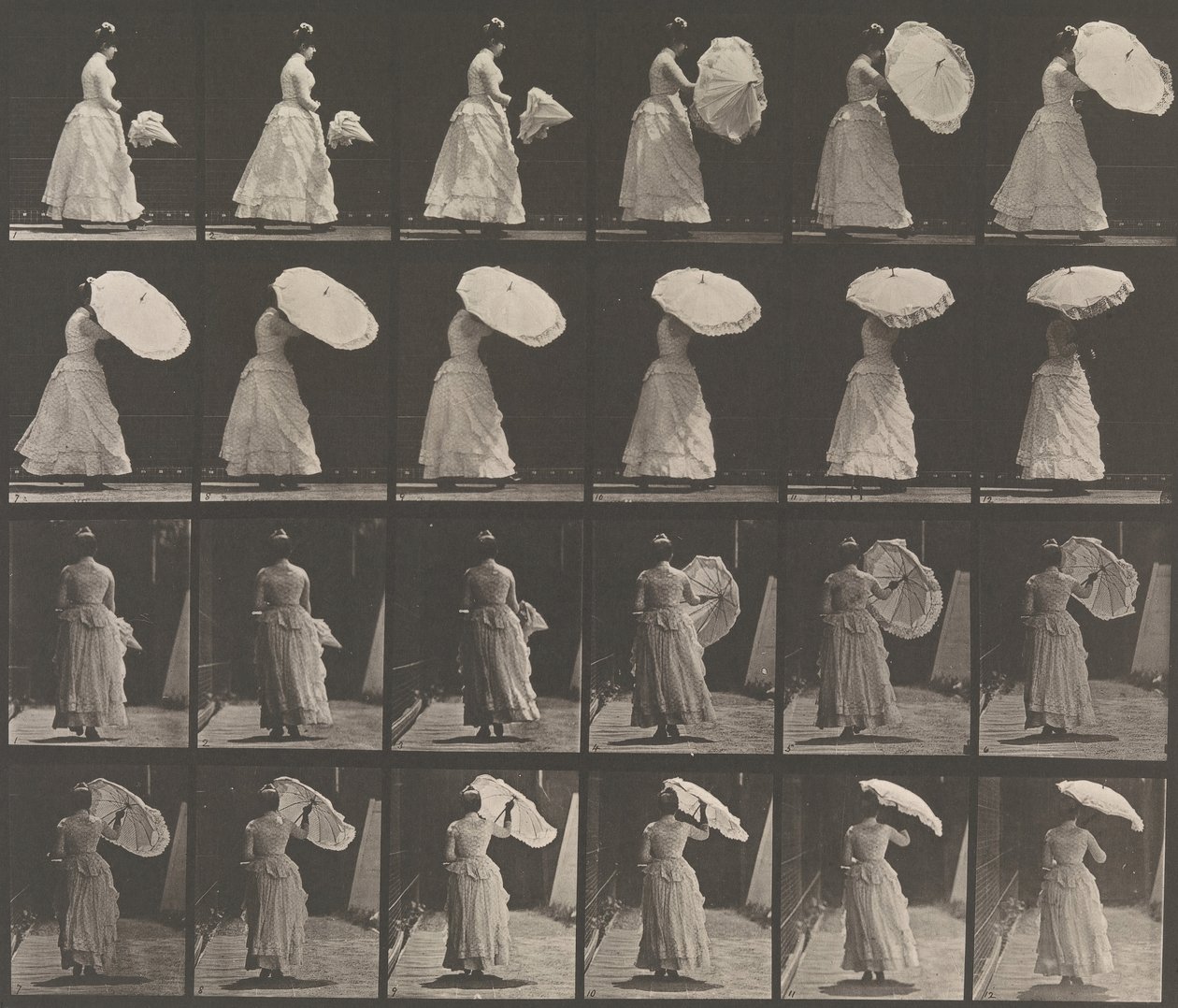 [Mujer Abriendo Parasol], 1883-86, impreso 1887 de Eadweard Muybridge
