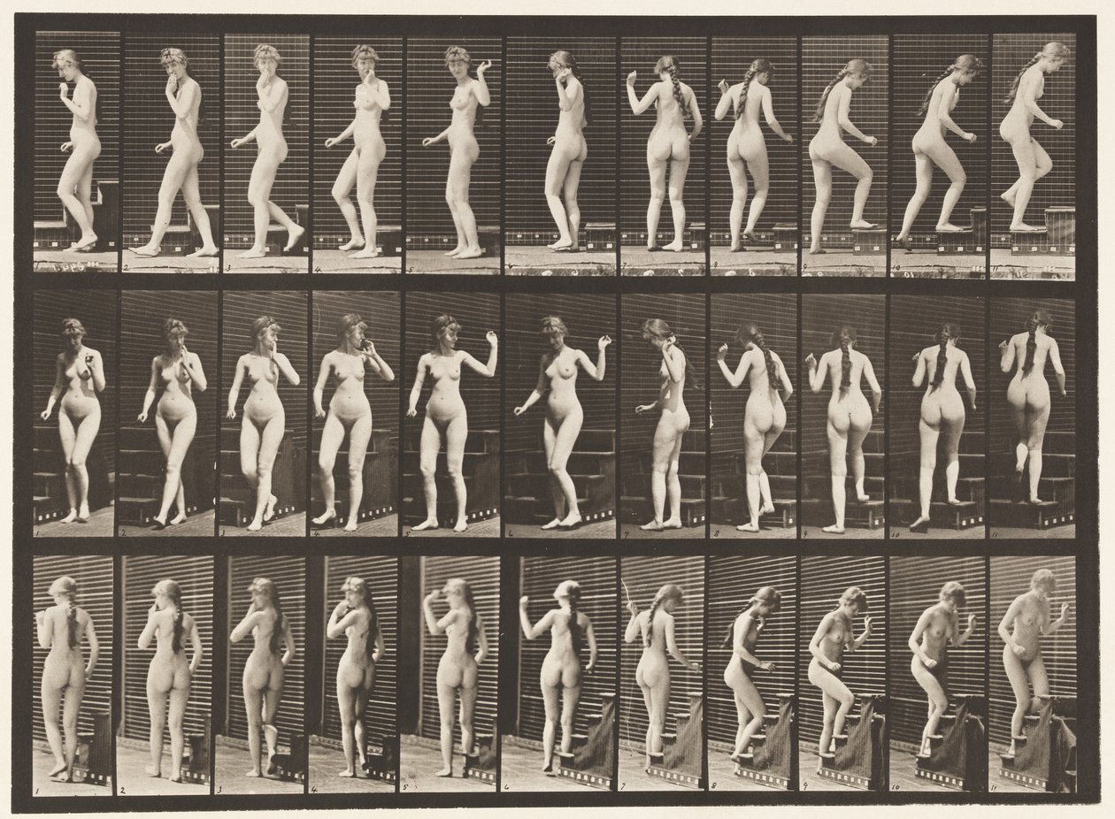 Placa 101. Girando y subiendo escaleras, saludando con la mano de Eadweard Muybridge