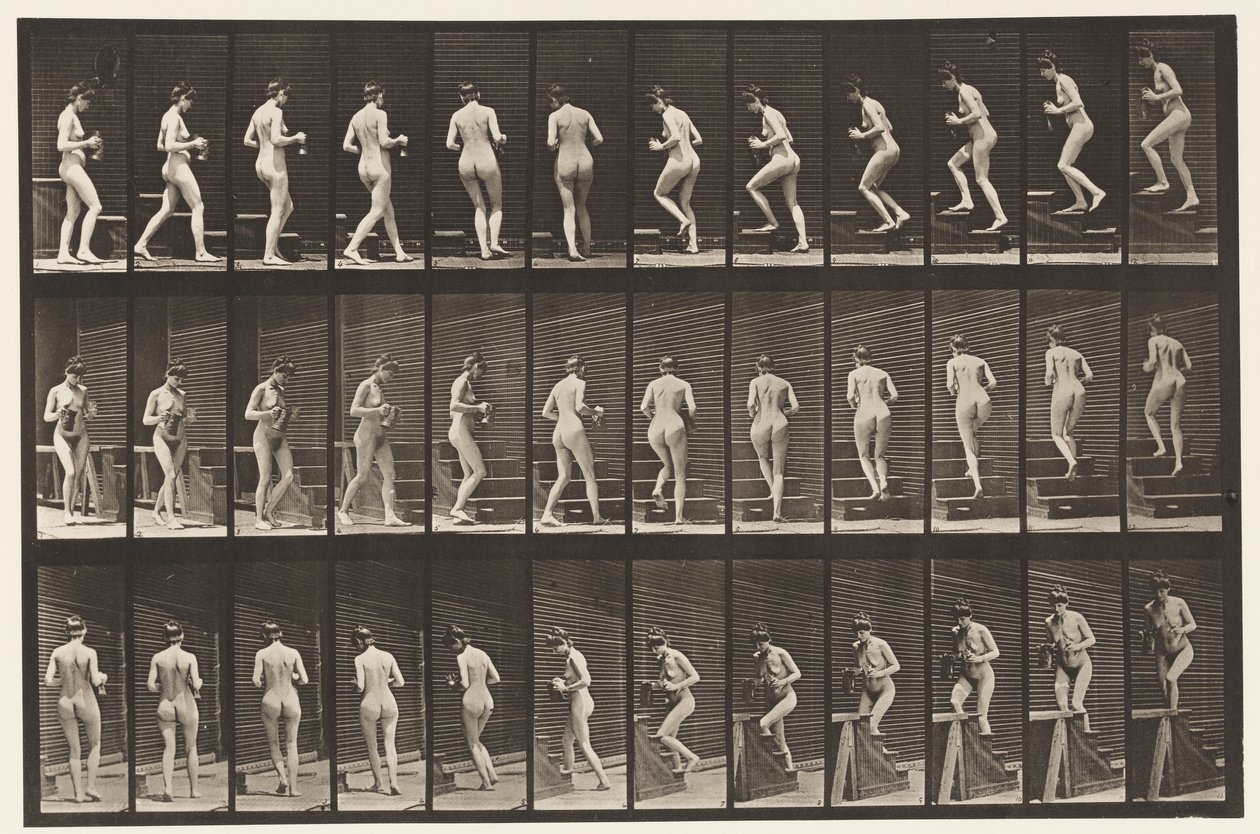 Placa 103. Girando y subiendo escaleras, jarra y copa en manos de Eadweard Muybridge