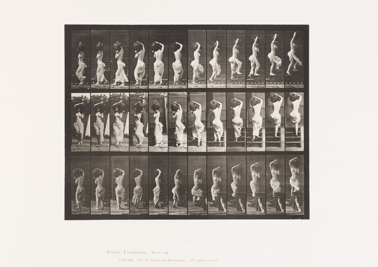 Placa 105. Girando, subiendo escaleras, jarra de agua en el hombro izquierdo de Eadweard Muybridge