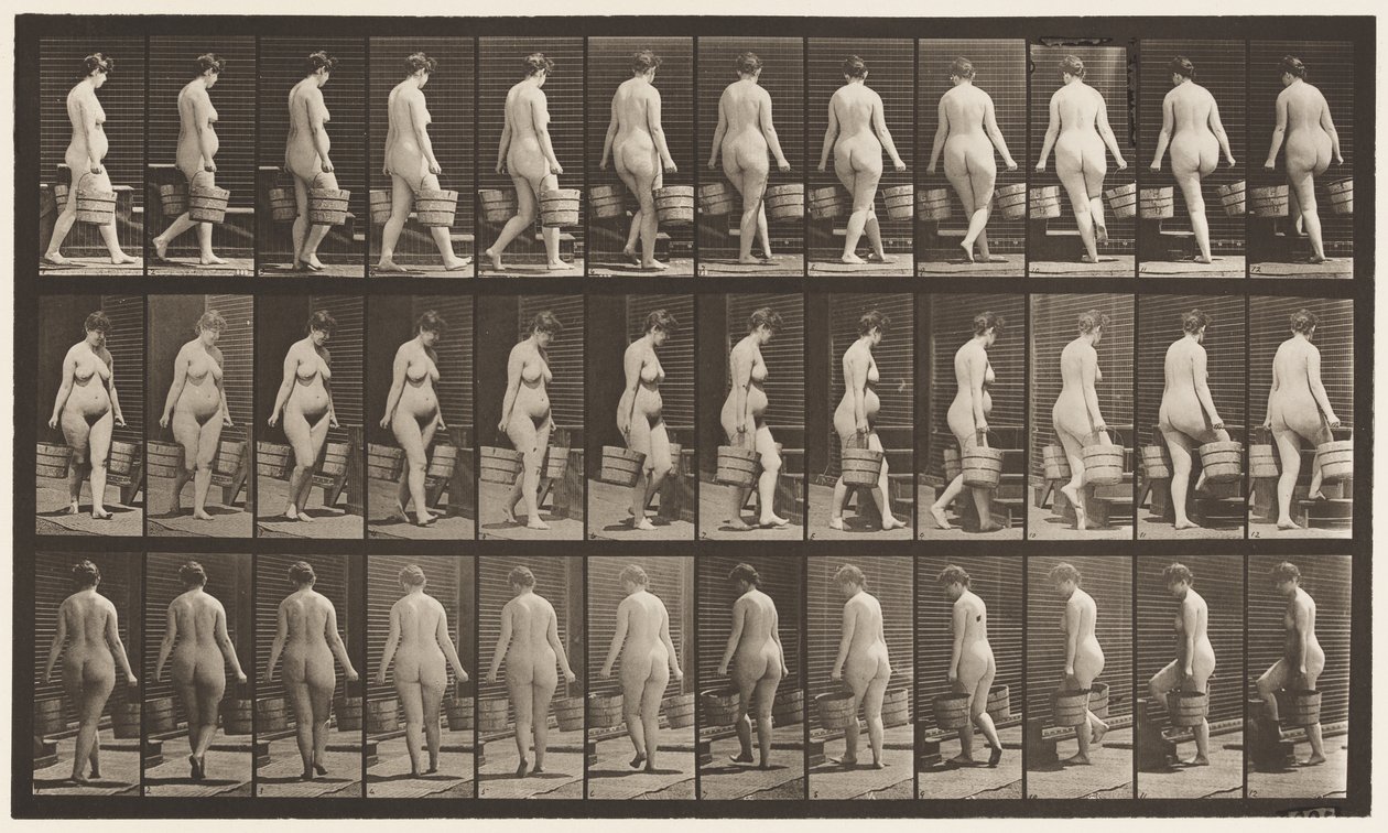 Placa 106. Girando para subir escaleras, cubo de agua en cada mano de Eadweard Muybridge