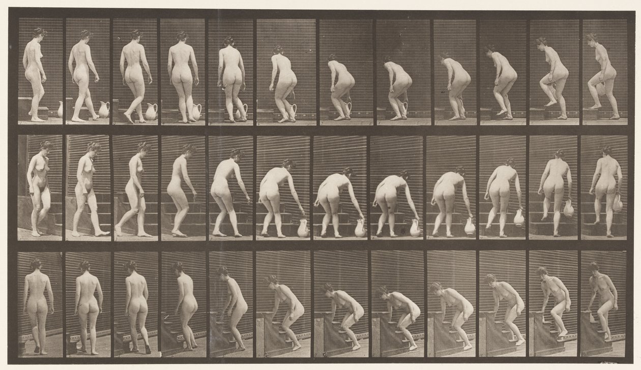 Placa 108. Girando para subir escaleras, agachándose, levantando una jarra de Eadweard Muybridge