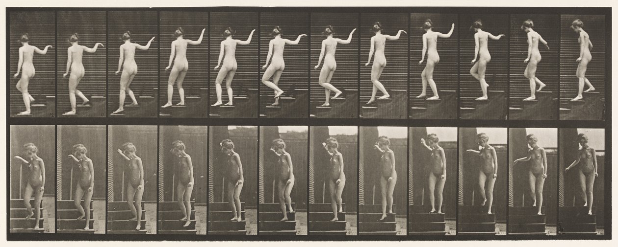 Placa 132. Bajando Escaleras, Girando para Mirar Alrededor y Saludando con la Mano de Eadweard Muybridge