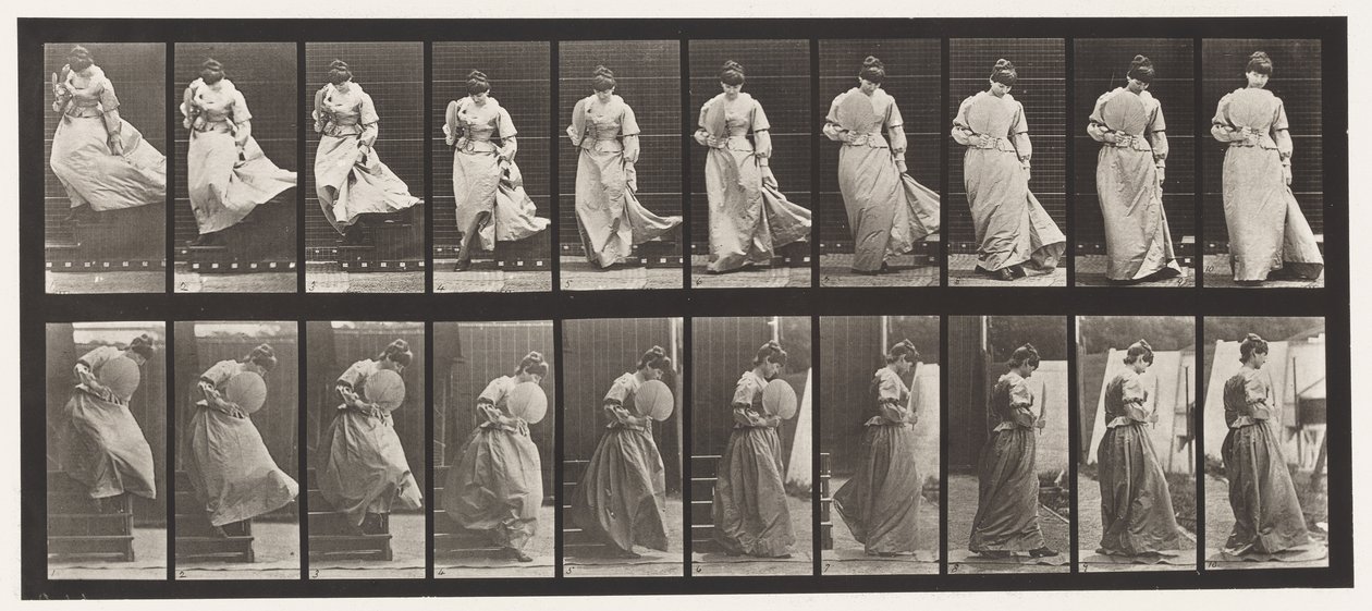 Placa 142. Bajando escaleras, girando vestido atrapado, 1885 de Eadweard Muybridge