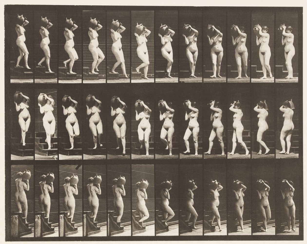 Placa 147. Bajando escaleras; girando una jarra de agua en el hombro derecho de Eadweard Muybridge