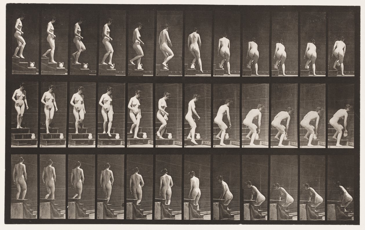 Placa 149. Bajando escaleras; agachándose para levantar una jarra de Eadweard Muybridge
