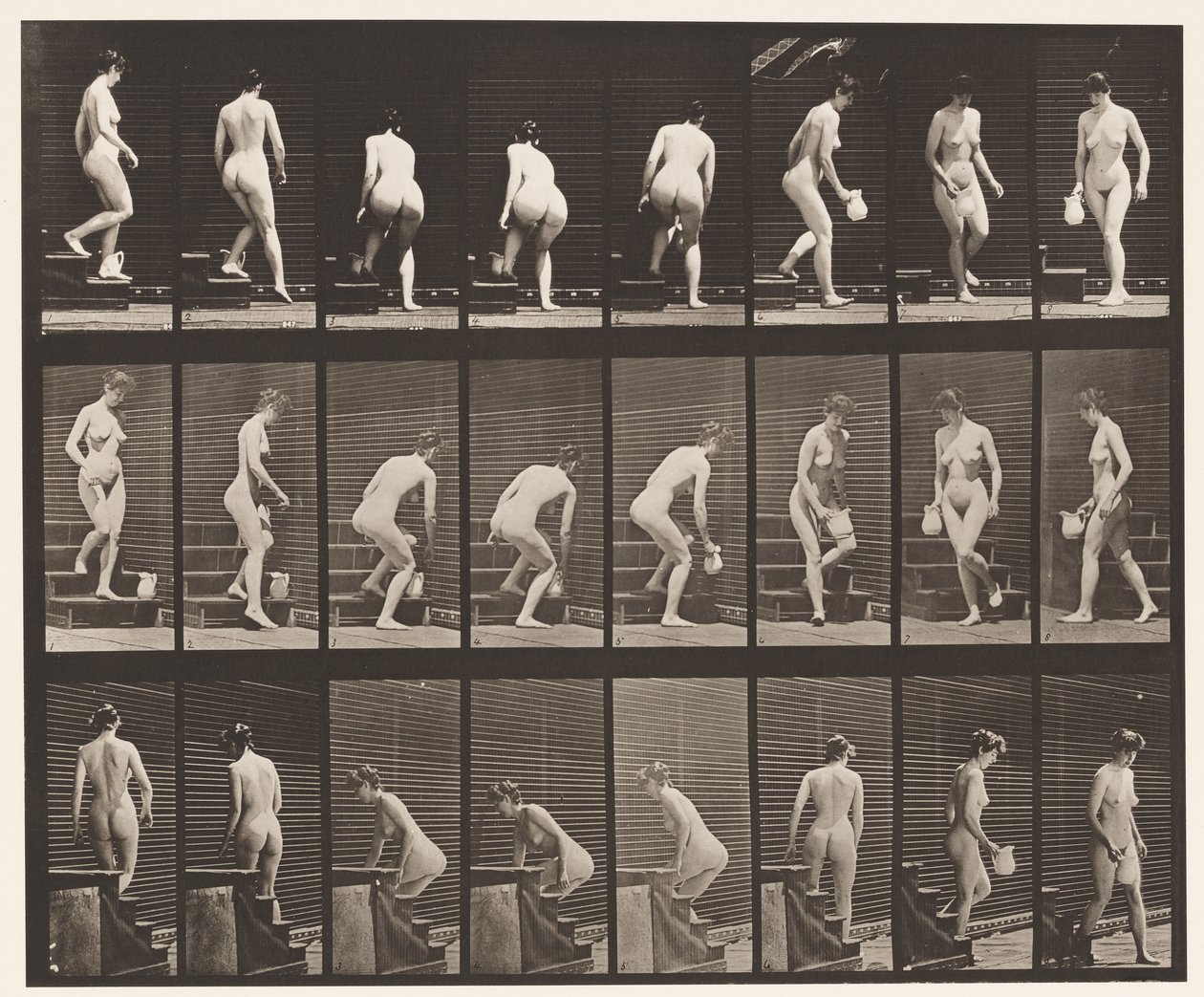 Placa 150. Bajando escaleras; agachándose, levantando una jarra, girando de Eadweard Muybridge