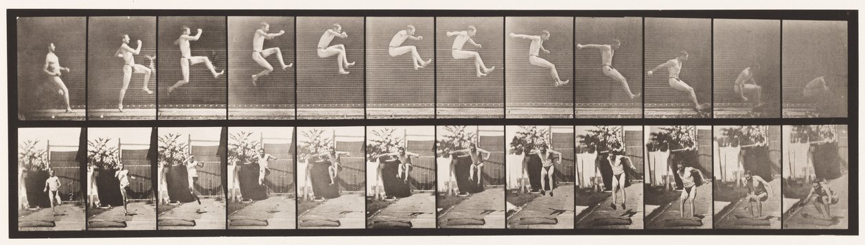 Placa 159. Saltando; Salto de longitud en carrera (zapatos) de Eadweard Muybridge