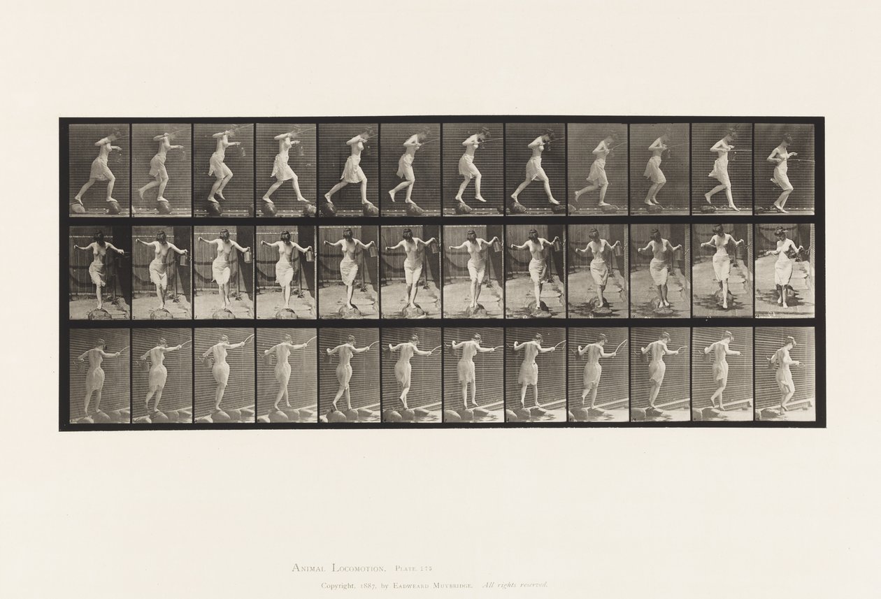 Placa 175. Cruzando el arroyo sobre piedras con caña de pescar y lata de Eadweard Muybridge