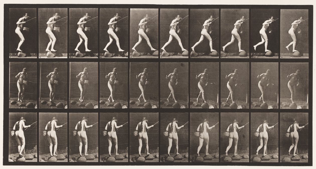 Placa 176. Cruzando arroyo sobre piedras con caña de pescar y cesta de Eadweard Muybridge