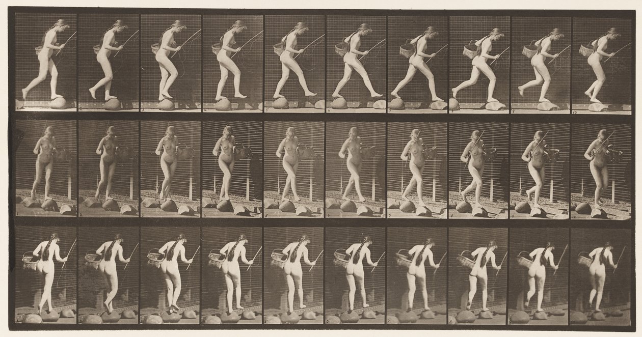 Placa 177. Cruzando un arroyo sobre piedras con caña de pescar y cesta de Eadweard Muybridge