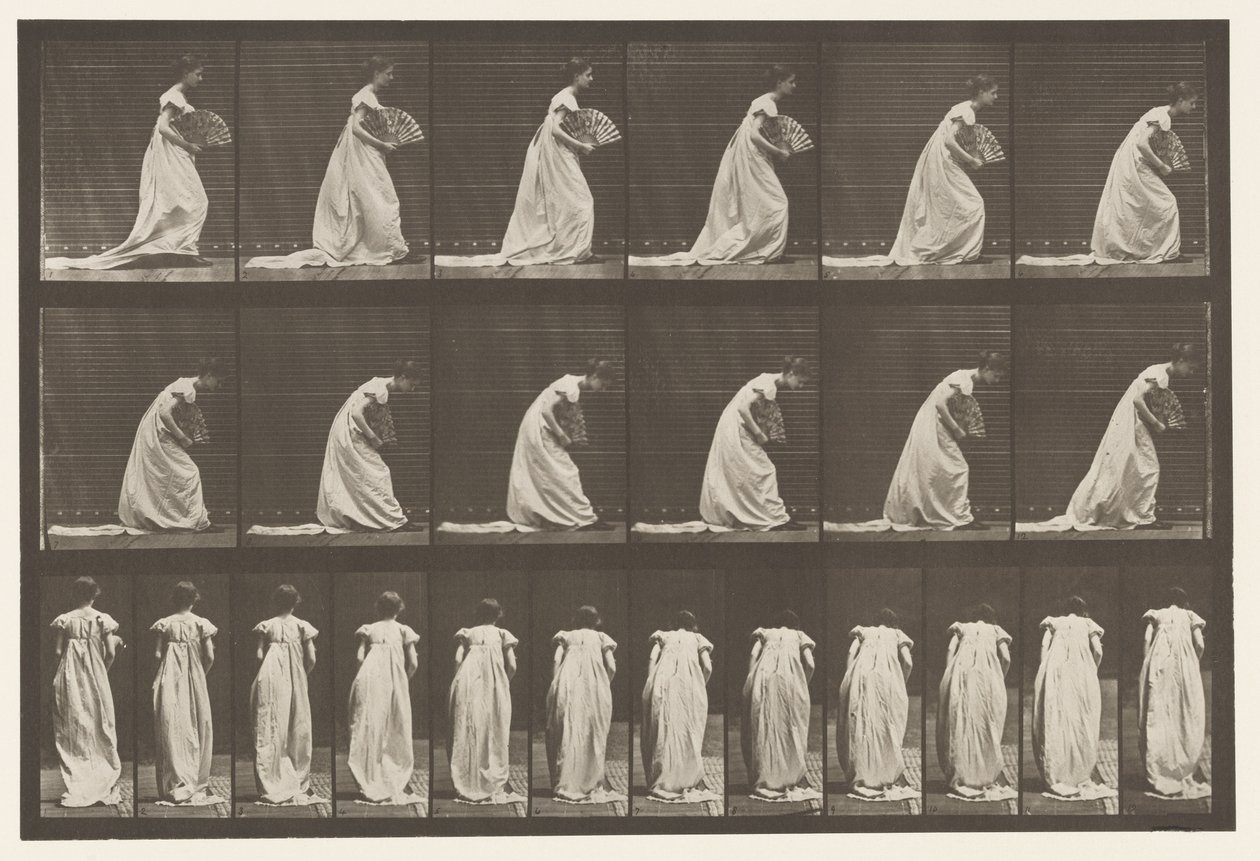 Placa 199. Haciendo una Reverencia, Abanico en la Mano Derecha, 1885 de Eadweard Muybridge