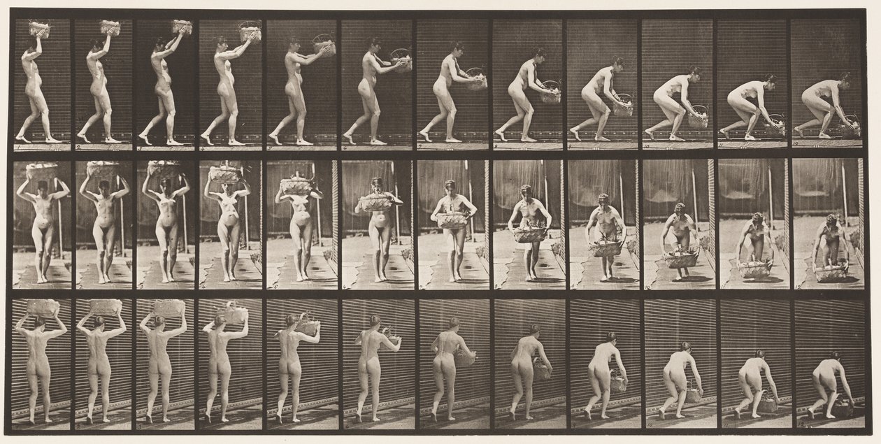 Placa 201. Quitando una cesta de 12 libras de la cabeza, poniéndola en el suelo de Eadweard Muybridge