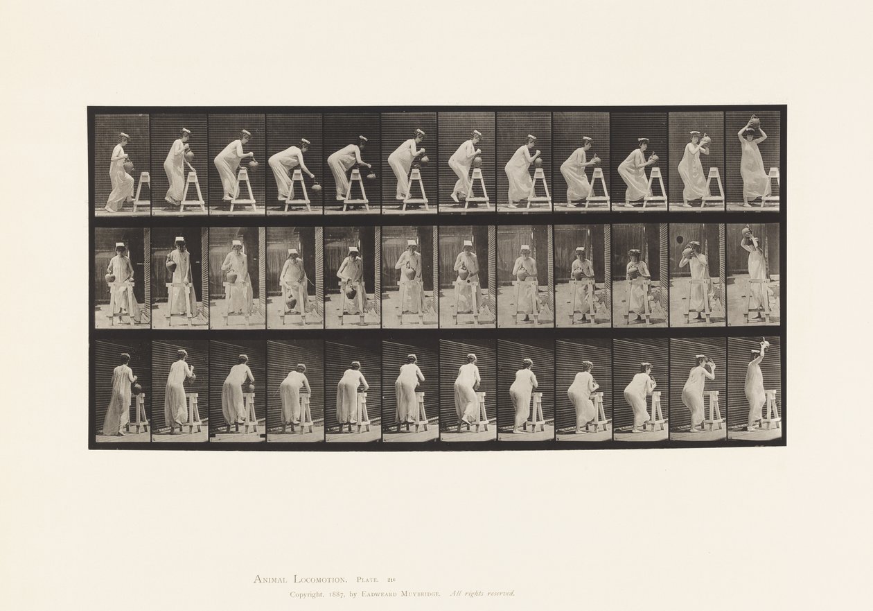 Placa 216. Agachándose para llenar una jarra de agua; colocando la jarra en la cabeza de Eadweard Muybridge
