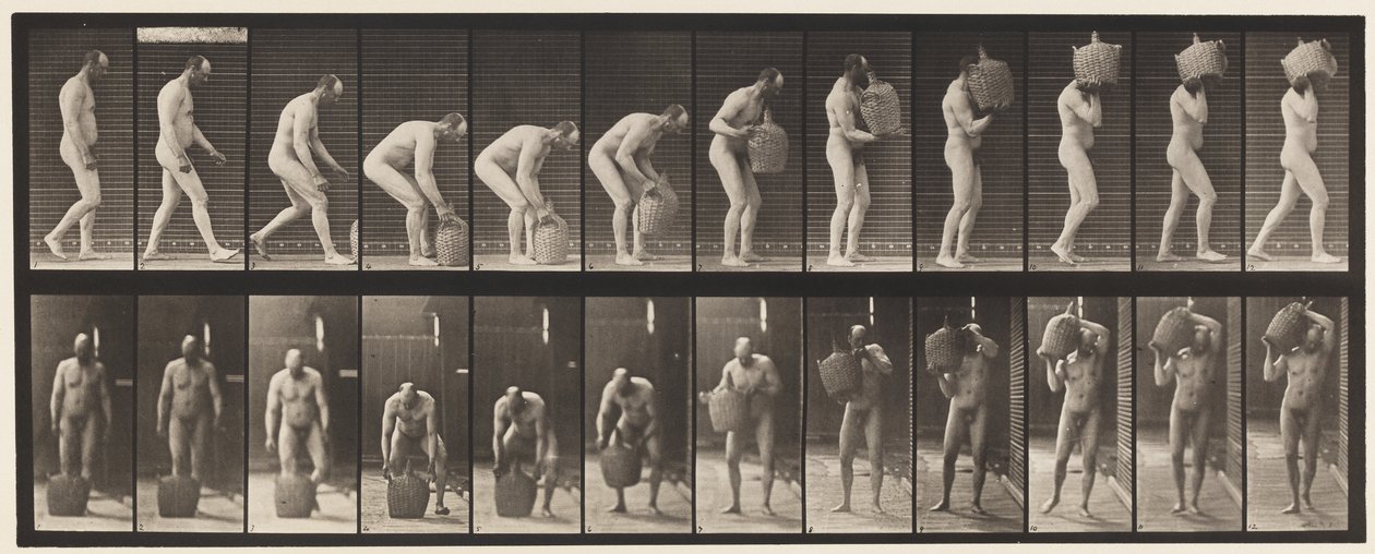 Placa 218. Agachándose y levantando una damajuana llena al hombro de Eadweard Muybridge