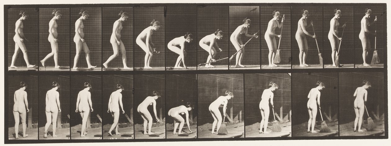 Placa 219. Agachándose y levantando escoba y barriendo de Eadweard Muybridge