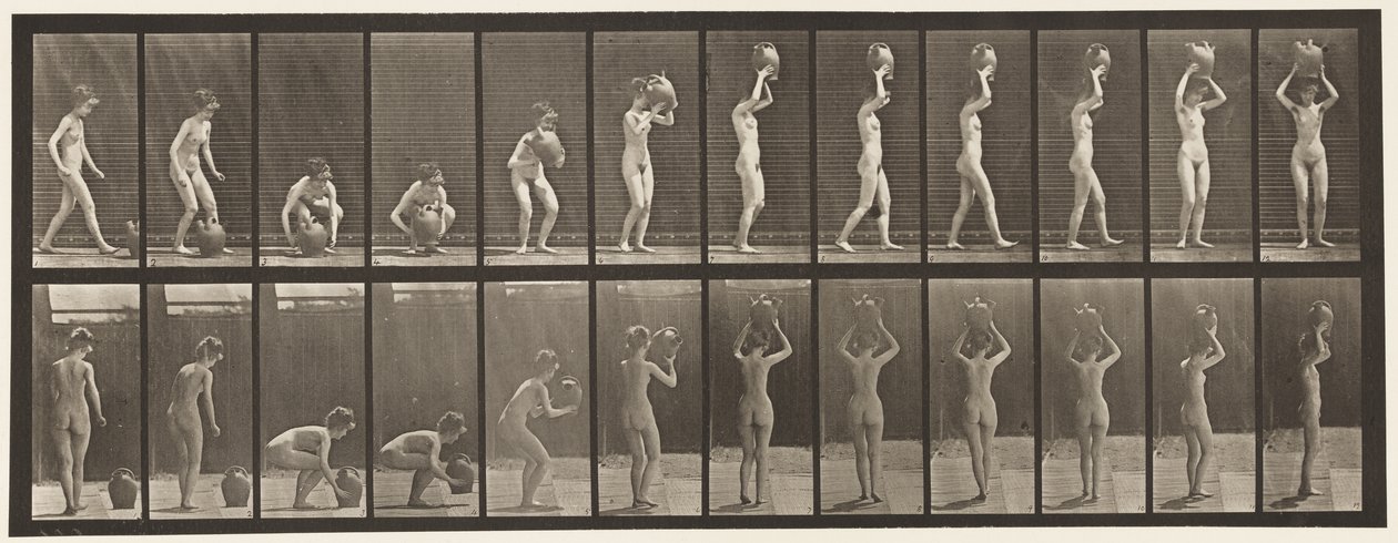 Placa 222. Agachándose y Levantando Jarra de Agua a la Cabeza y Girando de Eadweard Muybridge