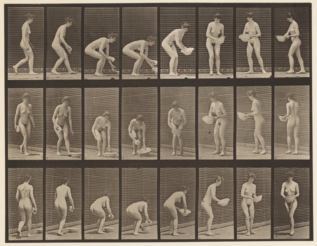 Placa 223. Agachándose y levantando una palangana, limpiándola y girando de Eadweard Muybridge