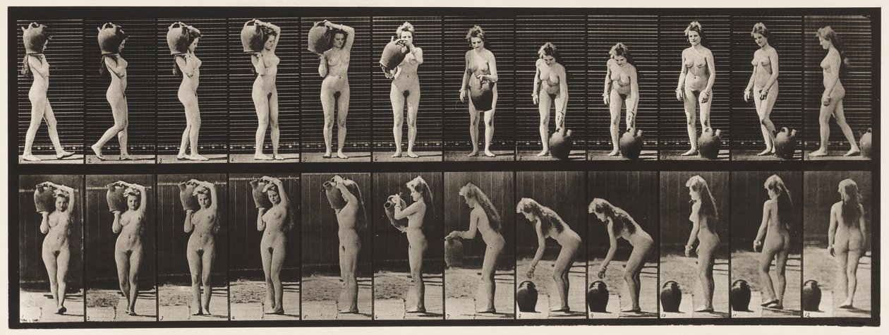 Placa 226. Quitando una jarra de agua del hombro al suelo y girando de Eadweard Muybridge