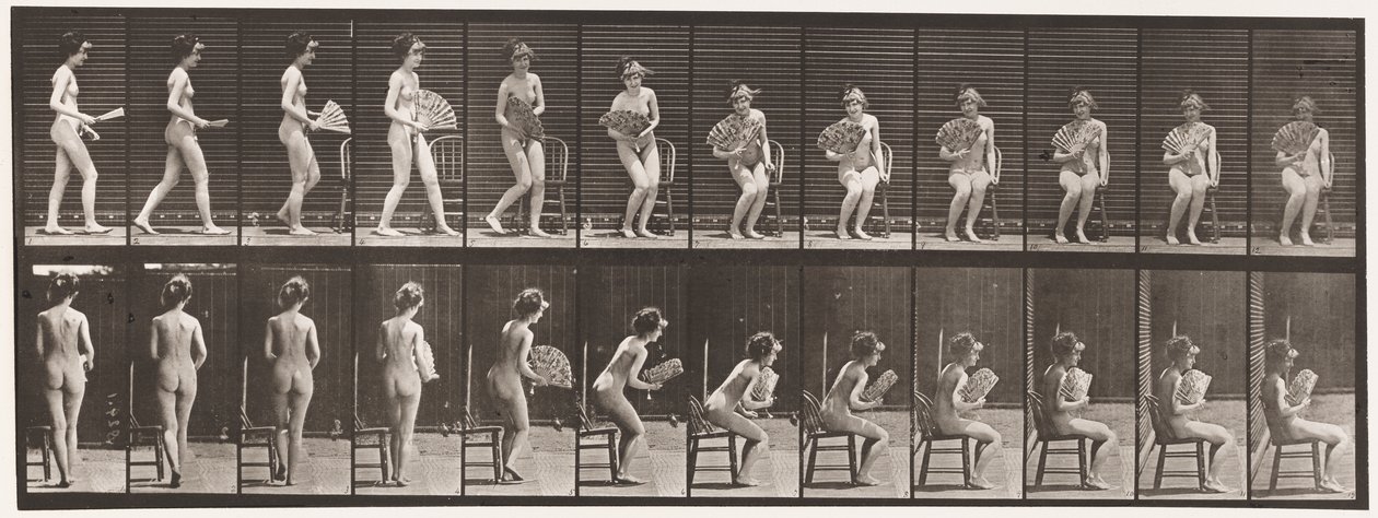 Placa 237. Sentándose en una silla y abriendo un abanico, 1872-1885 de Eadweard Muybridge