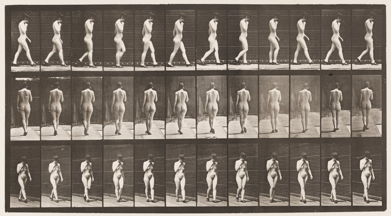 Placa 23. Caminando, mano derecha en la barbilla, zapatos de tacón alto de Eadweard Muybridge