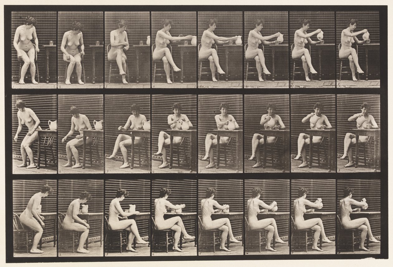 Placa 244. Sentado cruzando piernas, llenando copa de jarra de Eadweard Muybridge