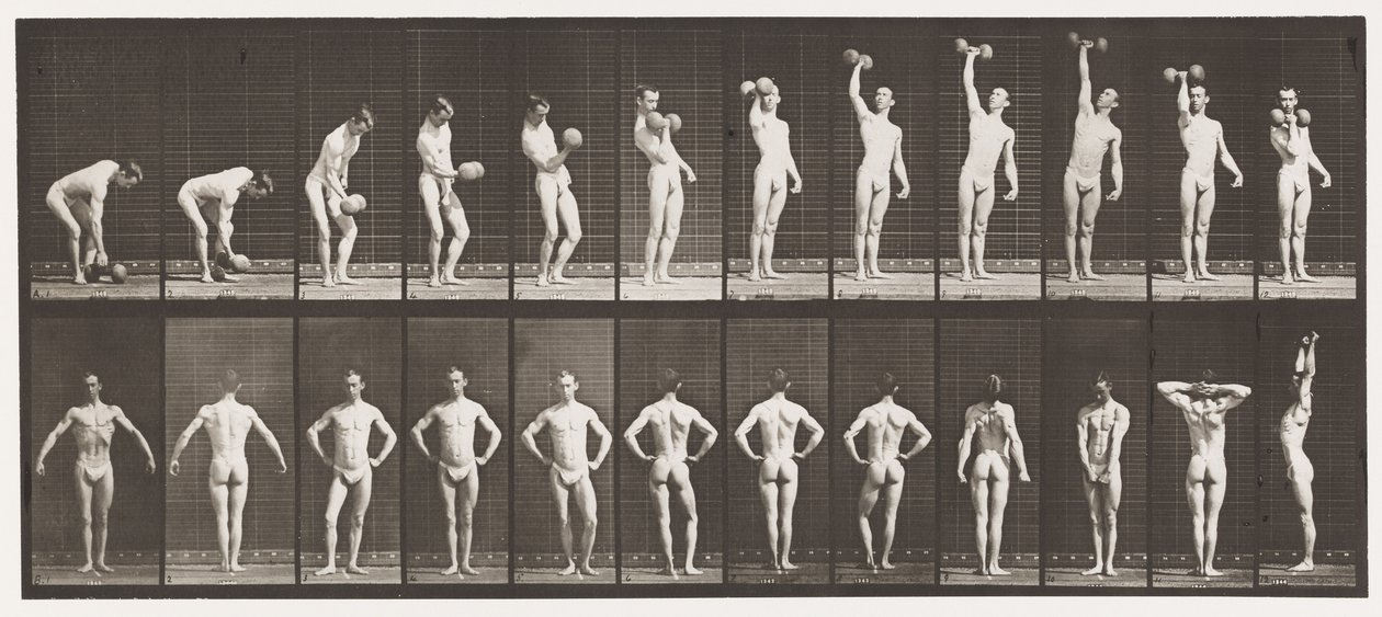 Placa 321. A, Levantando una pesa de 50 lb; B, Posando de Eadweard Muybridge