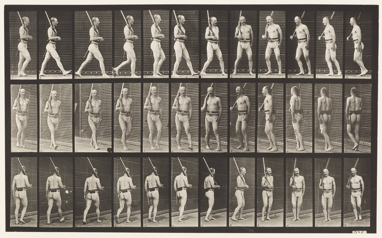 Placa 355. En guardia, caminando y girando de Eadweard Muybridge