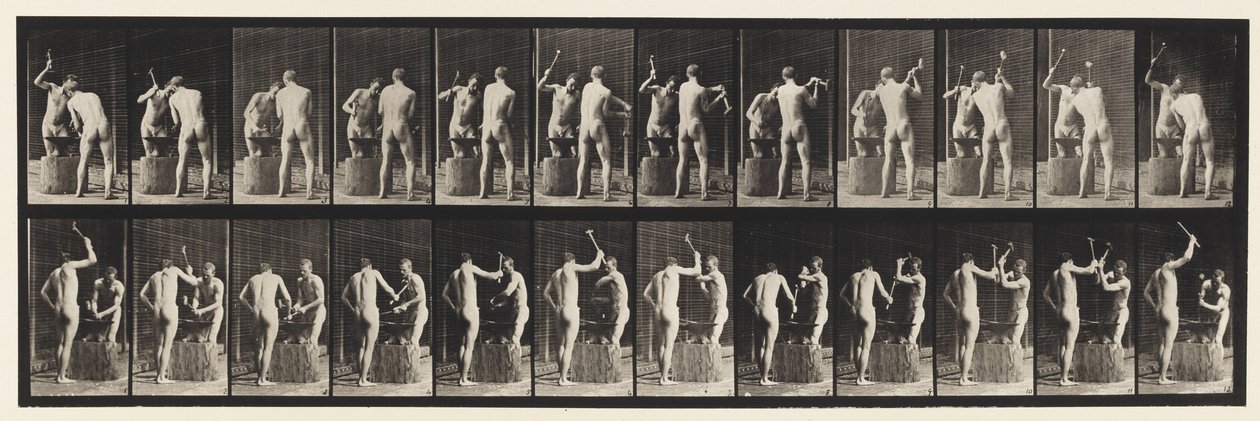 Placa 375. Herreros, dos modelos, martillando en un yunque de Eadweard Muybridge