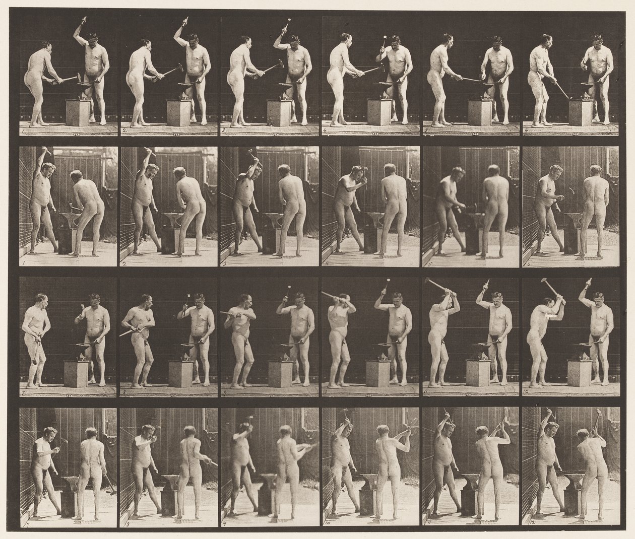 Placa 377. Herrero, dos modelos, martillando en el yunque, 1872-1885 de Eadweard Muybridge