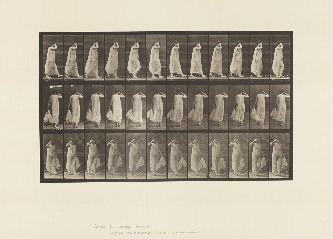 Placa 37. Caminando, mano izquierda sosteniendo el vestido, mano derecha en la cara de Eadweard Muybridge