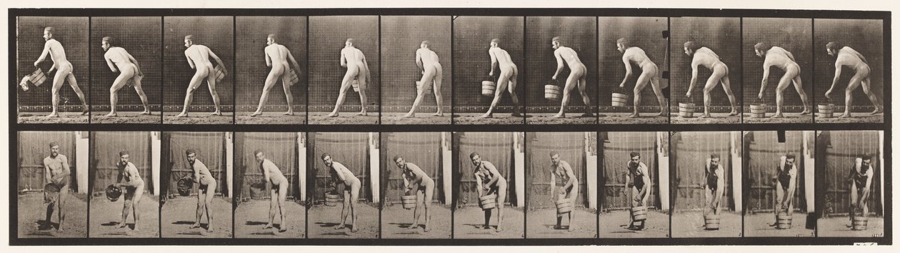 Placa 398. Levantando un cubo de agua para vaciar, 1872-1885 de Eadweard Muybridge