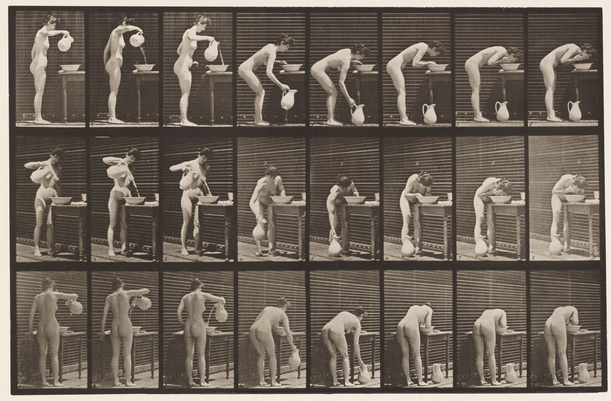 Placa 413. Vertiendo Agua en un Lavabo y Lavándose la Cara de Eadweard Muybridge