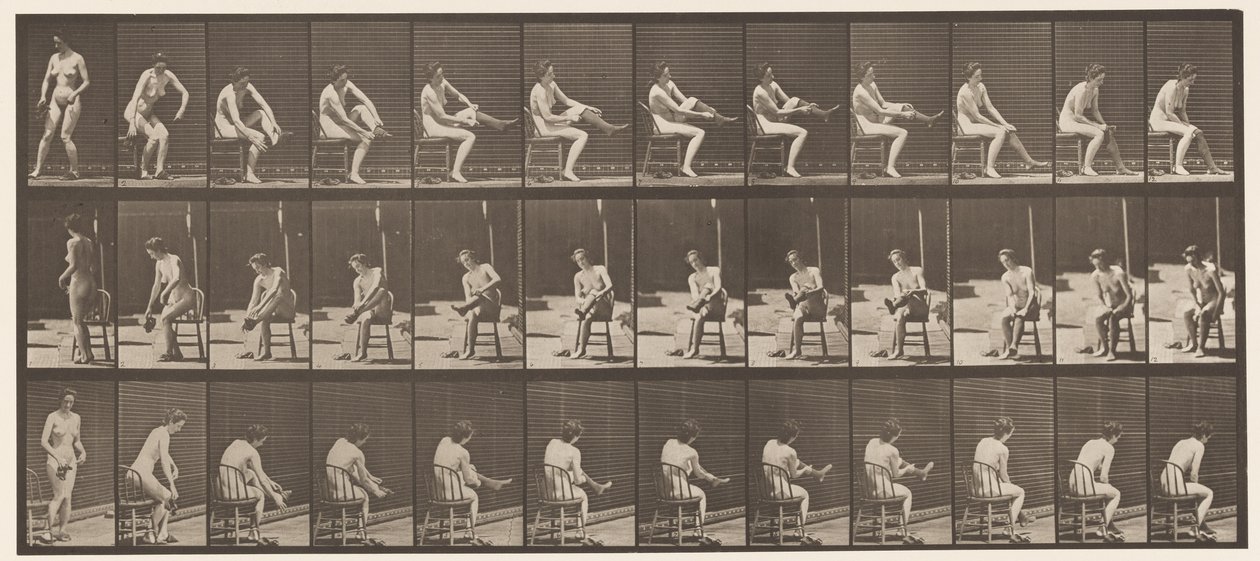 Placa 418. Aseo, Sentada y Poniéndose las Medias, 1872-1885 de Eadweard Muybridge