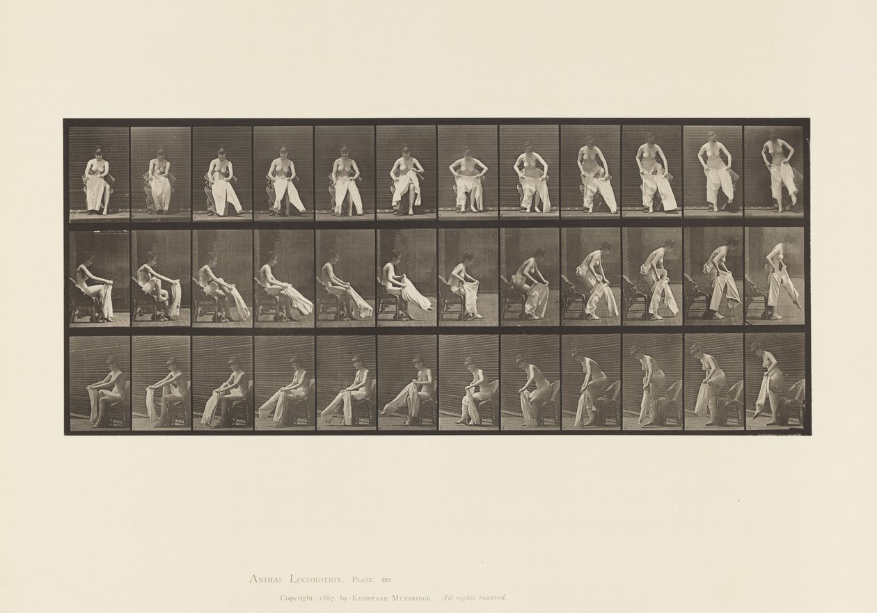 Placa 420. Aseo; levantándose de la silla y poniéndose la ropa, 1885 de Eadweard Muybridge