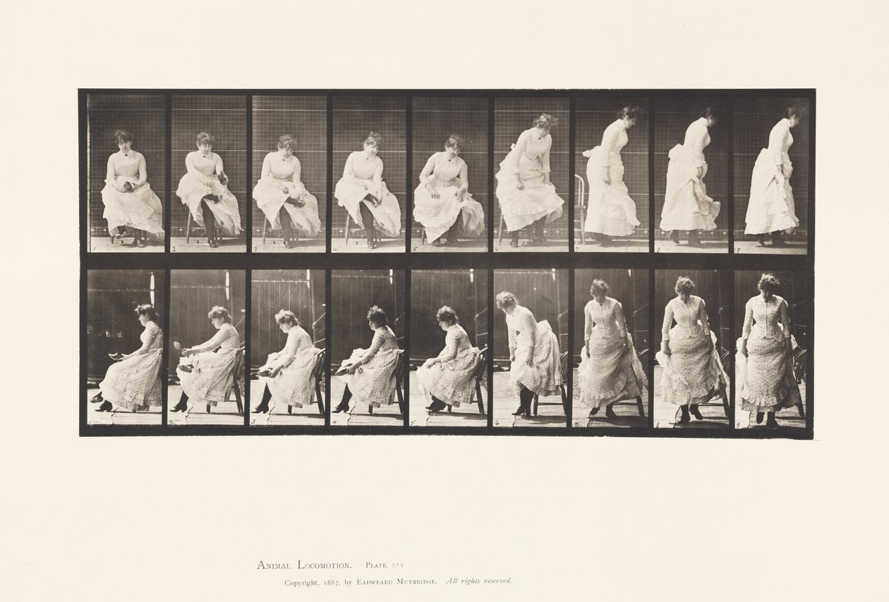 Placa 422. Tocador; Poniéndose los zapatos y levantándose de la silla, 1885 de Eadweard Muybridge